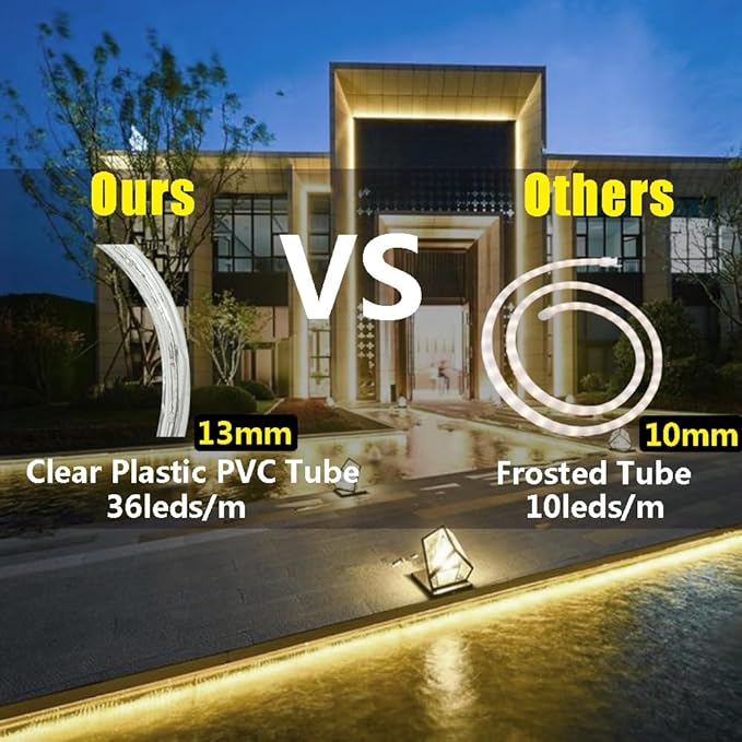 33FT 360 LED Rope Lights Outdoor - Connectable Waterproof Flexible Tube Lighting for Deck, Patio, Garden, Stair Railing & Above Cabinet Decor(Warm White)