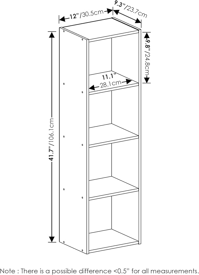 Furinno PASIR Book Shelf, 4-Tier Modern Bookshelf, Open Shelves Bookcase 9" x 12" x 42", for Living Room, Bedroom, Home Office, French Oak