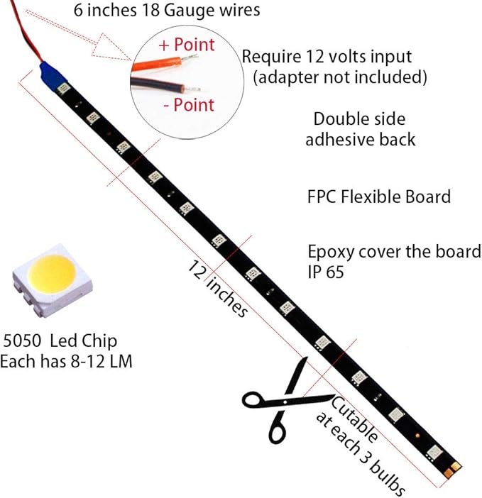 DC 12V Waterproof 1Ft 12 LED Strip Underbody Light with 6 inches Wires for Motor (Blue,Pack of 6)
