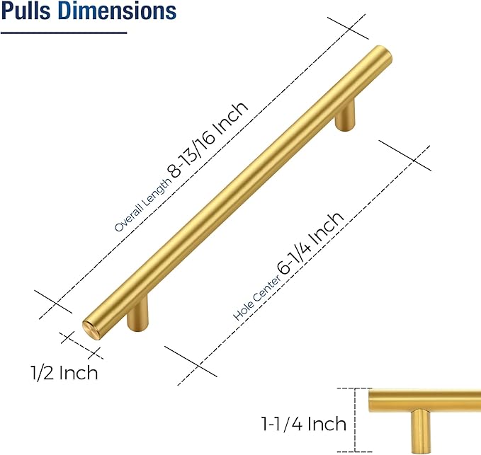 JOY DECOR 5 Pack Cabinet Handles, Gold Cabinet Pulls, 6-1/4 in Hole Center Kitchen Cabinet Handles, Stainless Steel T Bar Handles for Dresser Drawers