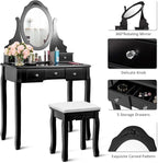 Giantex Vanity Set with Oval Mirror & Cushioned Stool, Makeup Dressing Table Large Storage with 5 Drawers, Mirrored Bedroom Vanities Makeup Table for Kids Girls Women, Easy Assembly (Black)
