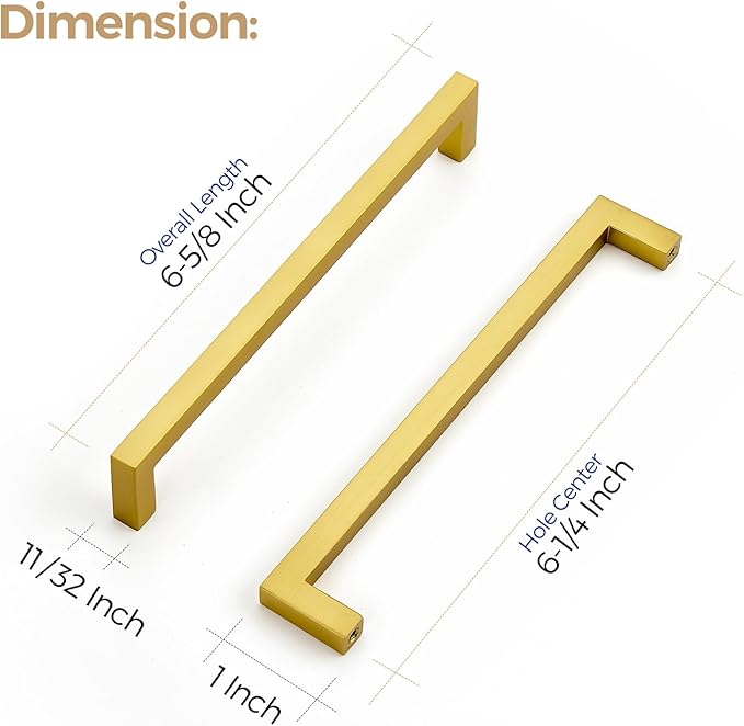 Ravinte 10 Pack Solid Kitchen Cabinet Handles Gold Cabinet Pulls Slim Drawer Pulls with 6-1/4 Inch Hole Center Square Bar Kitchen Cabinet Hardware Brushed Brass Cabinet pulls