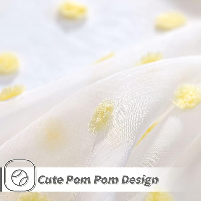 MYSKY HOME Pom Pom White Sheer Curtains for Girls Bedroom Mustard Yellow Curtains for Nursery 84 Inch Long Living Room Curtains 2 Panels Light Filtering Rod Pocket Window Drapes 52 x 84 inch