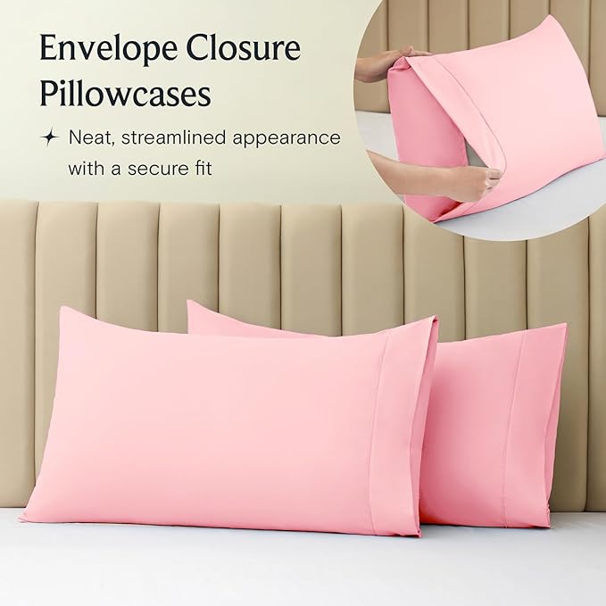 LuxClub 4 PC Sheet Set Bed Sheets Deep Pockets 16" Eco Friendly Wrinkle Free Cooling Machine Washable Hotel Bedding Silky Soft - Baby Pink Queen