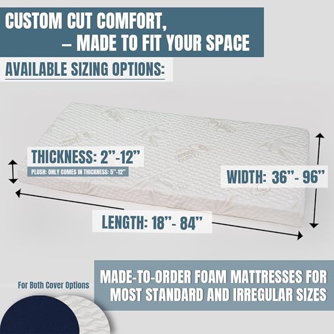 Foamma Custom RV Mattress - High-Density Foam Pad & Cushion for Beds & DIY Projects - Polyurethane Upholstery with Quilted or Water-Resistant Cover, Mid Firm or Firm, Optional Gel Memory Foam Add-On