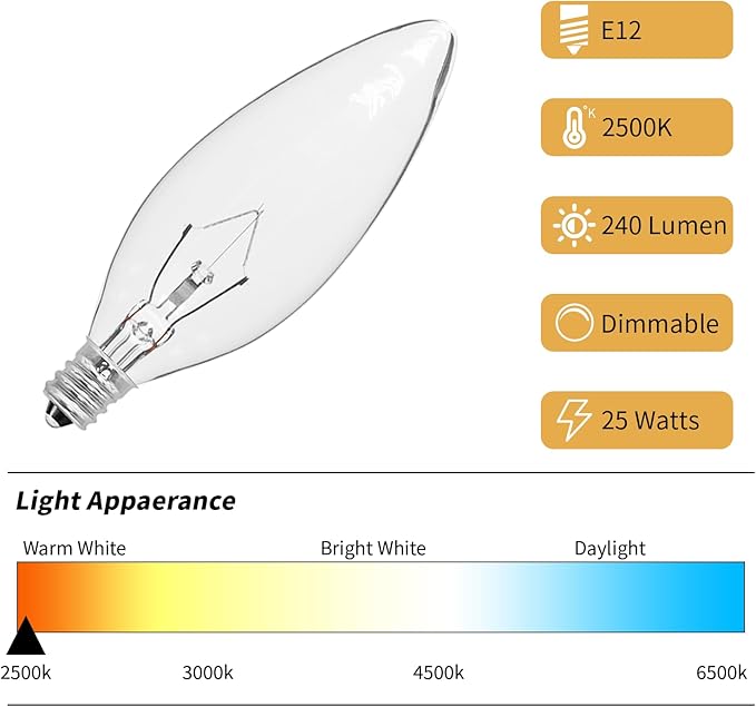 6-Pack E12 Candelabra Light Bulbs 25W Warm White 2500K, 240 Lumen Dimmable Chandelier Light Bulbs for Ceiling Fan, Pendants or Outdoor, B10 Clear Incandescent Candle Bulbs