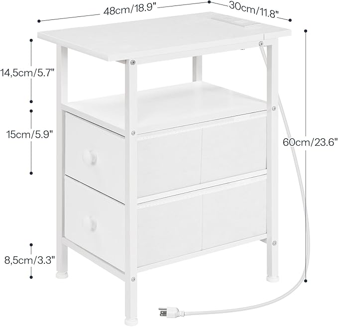 HOOBRO End Table with Charging Station, Narrow Side Table, Nightstand with 2 Non-Woven Drawers, Slim Sofa Side Table, for Small Spaces, Living Room, Bedroom, White WT486UBZ01