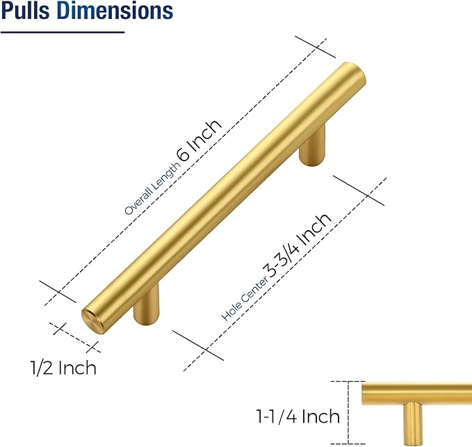 JOY DECOR 30 Pack Cabinet Handles, Gold Cabinet Pulls, 3-3/4 in Hole Center Kitchen Cabinet Handles, Stainless Steel T Bar Handles for Dresser Drawers