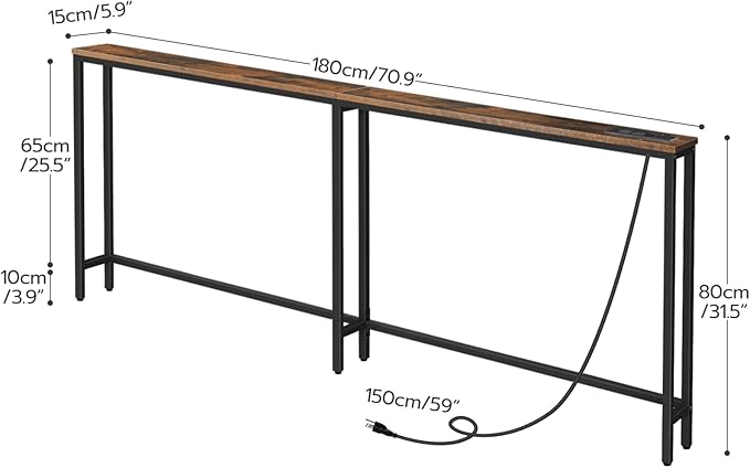 HOOBRO 70.9" Narrow Console Table with Charging Station, 5.9" Sofa Table with 2 Power Outlets and USB Ports, Long Entryway Tables Behind Couch Table, for Hallway, Living Room, Rustic Brown BF185UXG01