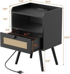 SUPERJARE Nightstand with Charging Station & Rattan-Like Decor Drawer, Rattan End Table with Solid Wood Feet, Bed Side Table with Open Storage, for Bedroom, Living Room, Dormitory - Black