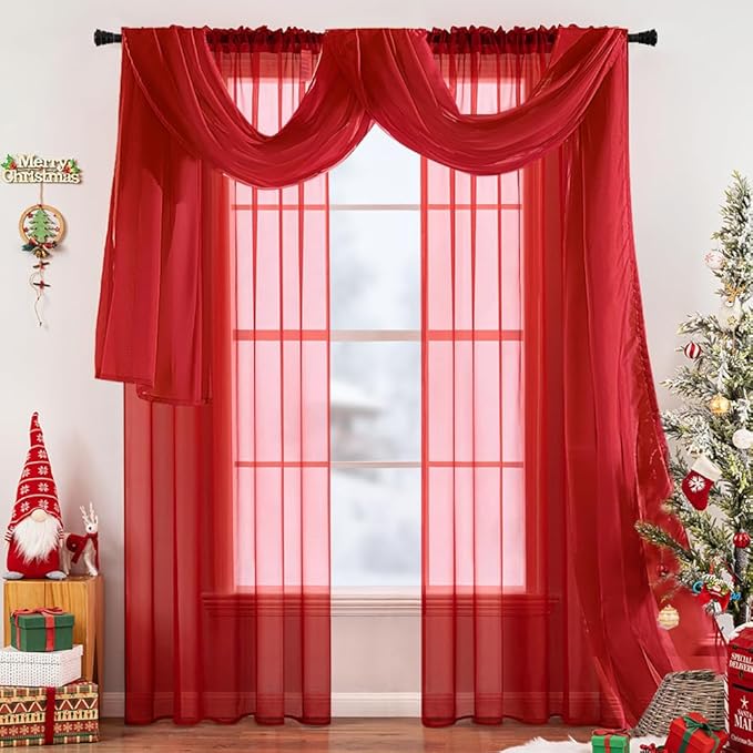 MIULEE Christmas Sheer Window Scarf Valance Extra Long Topper Elegant Swag Curtains Luxury Draping Fabric for Wedding Arch Party Ceremony Canopy Bed Living Room, 54'' x 216'', 1 Panel Red