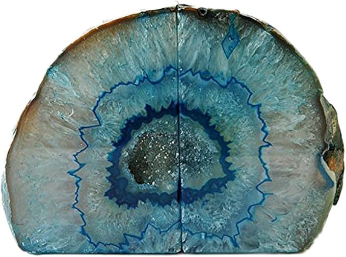 AMOYSTONE Geode Bookends Heavy Duty Agate Large Stone Bookend Decorative Crystal Quartz Book Ends Dyed Teal with Rubber Bumpers(1 Pair, 6-8 LBS)