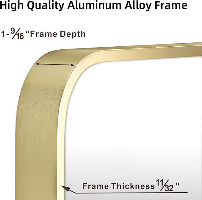 30"x36" Matte Gold Mirror for Wall, Brushed Metal Framed Rounded Corner Rectangular Mirror for Bathroom Vanity,Entryway,Living Room,Bedroom,Vertical or Horizontal