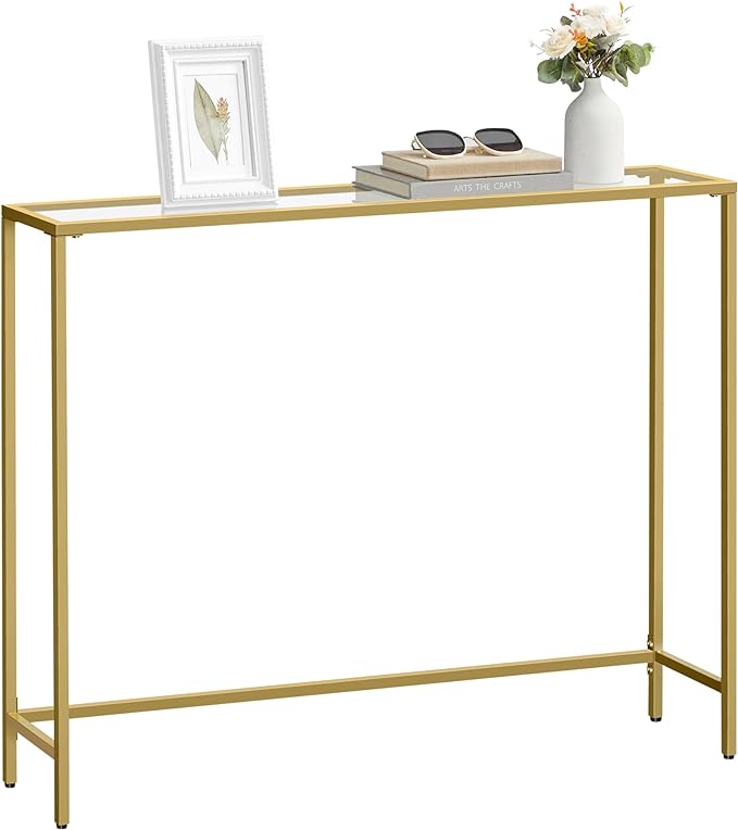 VASAGLE Entryway Table, Console Table, Tempered Glass Tabletop, Modern Sofa Table, Easy Assembly, with Adjustable Feet, for Living Room, Entryway, Pale Gold and Transparent ULGT132A01