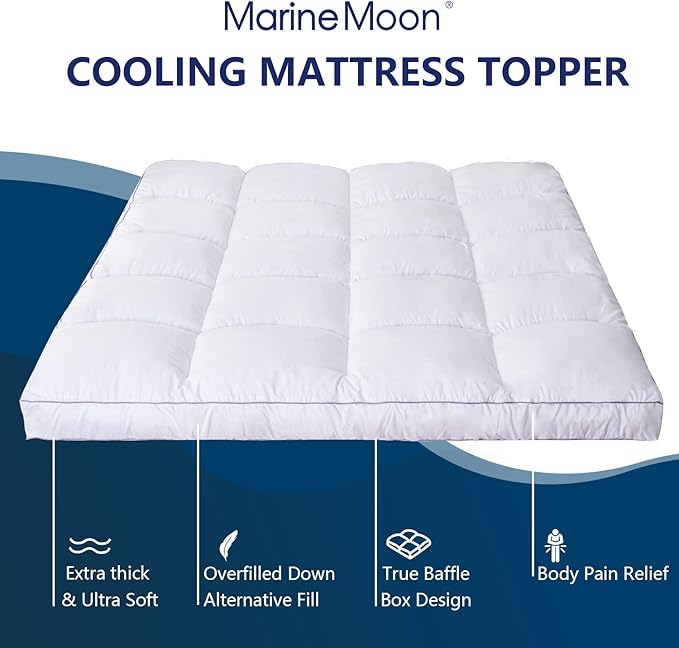 Marine Moon King Mattress Topper, Cooling Pillow Top, Hotel Quality Down Alternative Pillow Topper Cover, Plush Thick Bed Toppers for Back Pain with Deep Pocket