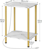 HOOBRO Side Table with Charging Station, End Table with USB Port and Outlet, Nightstand with 2-Layer Storage Shelves for Small Spaces, Living Room, Bedroom, Stable Frame, Gold and Marble DM09UBZ01