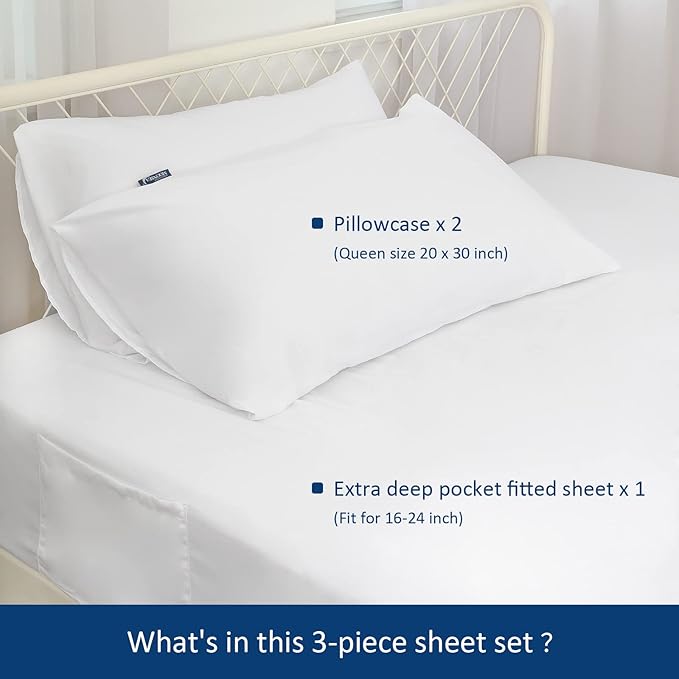 Moonsea Extra Deep Pocket Air Mattress White Sheets Twin Size - 3Pcs Side Storage Pocket Fitted Sheet & Pillowcase Twin Deep Pocket Sheet Sets Easily Fits for Kids 16in to 24in Pillow Top Air Bed