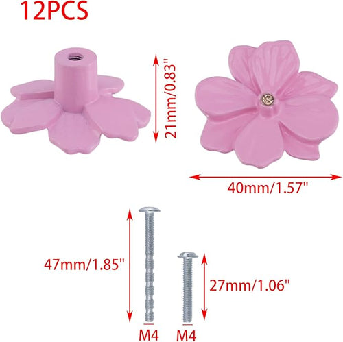 12PCS 1.57" x 0.83" Single Hole Dresser Knobs Ceramics Flower Shaped Pulls for Cupboard Drawer, with 2 Kinds of Screws