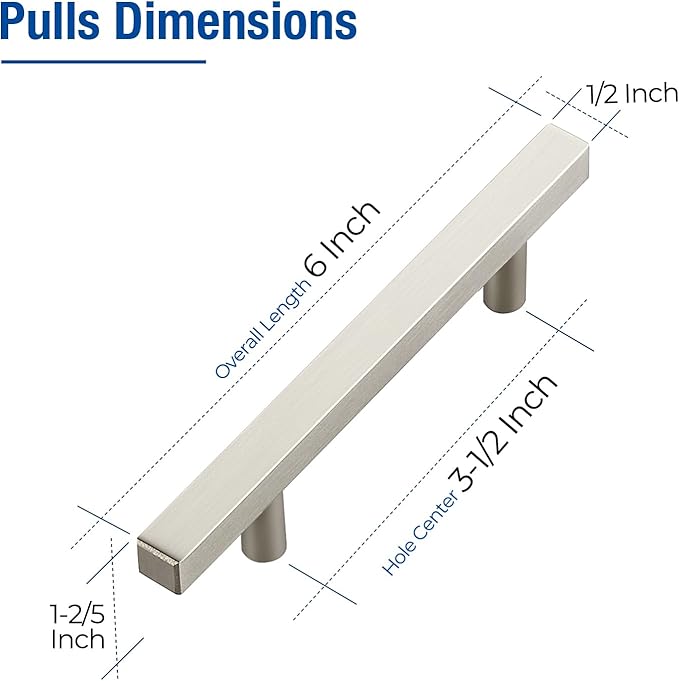 JOY DECOR 30 Pack 3-1/2 Inch Brushed Nickel Square Cabinet Handles Stainless Steel Cabinet Hardware Pulls for Kitchen and Drawers with 6 Inch Overall Length