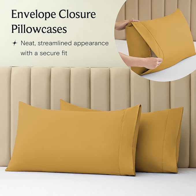 LuxClub 4 PC Queen Sheet Set, Deep Pockets Wrinkle Free Cooling Bed Sheets Hotel Bedding for Women, Men, Kids & Teens, Includes 1 Fitted Sheet, 1 Flat Sheet and 2 Pillowcases - Medallion Gold