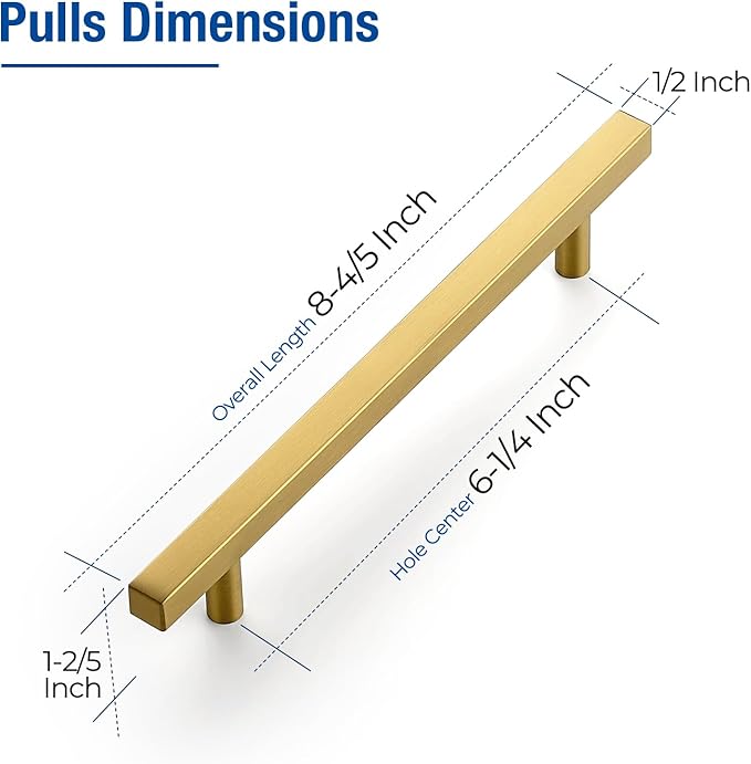 JOY DECOR 10 Pack 6-1/4 Inch Brushed Brass Square Cabinet Handles Stainless Steel Cabinet Hardware Pulls for Kitchen and Drawers with 8-13/16 Inch Overall Length