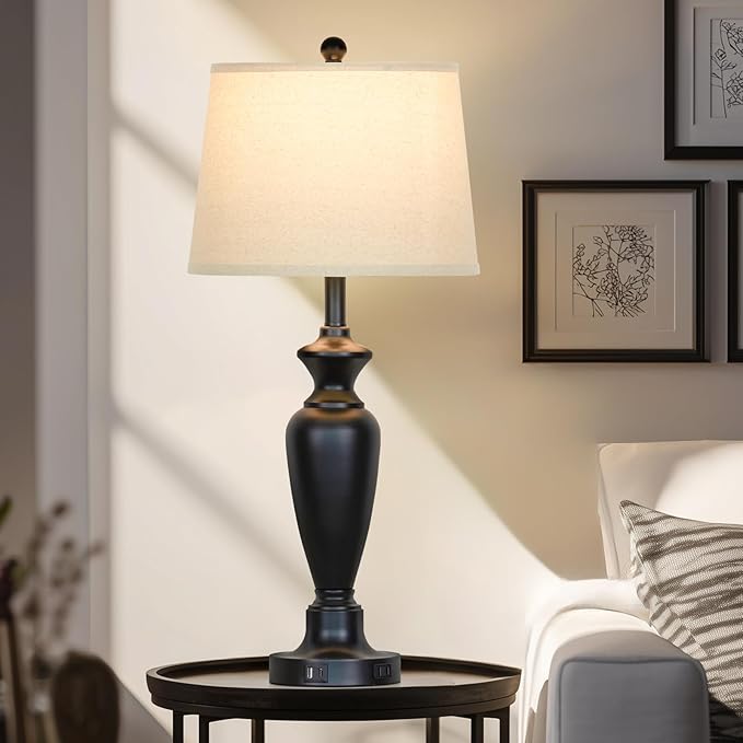 30" Tall Black Table Lamp, 3-Way Dimmable Touch Control Bedside Lamp with USB A+C & AC Outlet for Bedroom, Living Room (1 Pack)