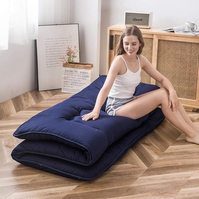 MAXYOYO Japanese Floor Mattress Futon Mattress, Thicken Tatami Mat Sleeping Pad Foldable Roll Up Mattress Boys Girls Dormitory Mattress Pad Kids Floor Lounger Pillow Bed, Navy, Queen