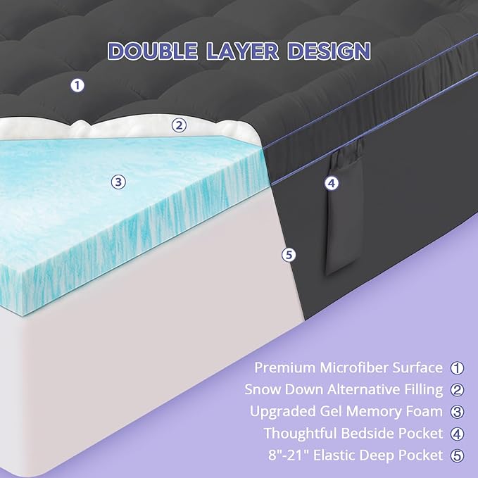 ABENE 3 Inch Dual Layer Memory Foam Mattress Topper Twin, 2 Inch Memory Foam Plus 1 Inch Down Alternative Pillowtop Mattress Pad, with Bedside Pocket, Support for Back Pain (Twin, Gray)