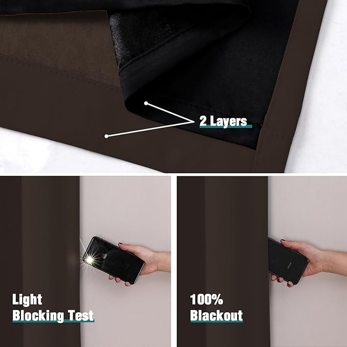 ChrisDowa 100% Blackout Curtains for Bedroom with Black Liner, 2 Thick Layers Total Blackout Thermal Insulated Grommet Long Window Curtains 2 Panels Set (Brown, 52 x 95 Inch)