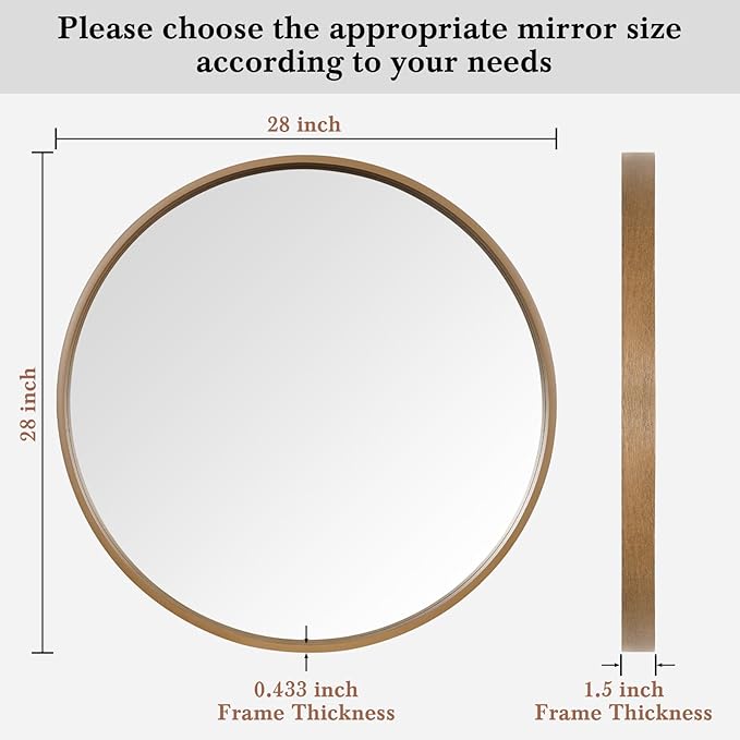 WallBeyond Round Wood Mirror 28" Circle Wall Mirror for Bathroom Round Wall Mirror for Wall Decor, Vanity, Entryway Living Room, Honey