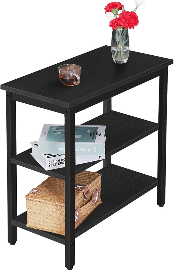 HOOBRO End Table, Simple Rustic Side Table with 3-Tier Storage Shelf, Narrow Nightstand for Small Spaces, Easy Assembly, for Living Room, Bedroom, Metal, Industrial Design, Black BB14BZ01