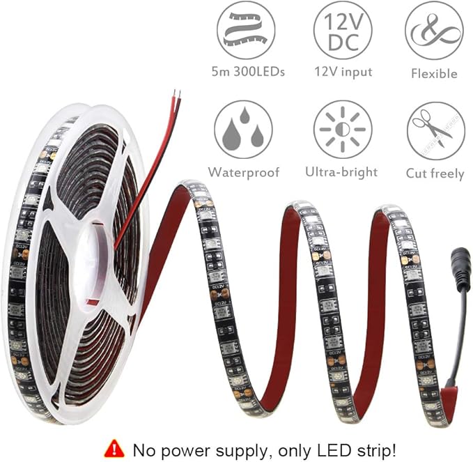 ALITOVE 16.4ft 5050 SMD Red LED Flexible Strip Ribbon Light 5M 300 LEDs Waterproof IP65 DC 12V for Home Garden Commercial Area Lighting, Without Power Supply