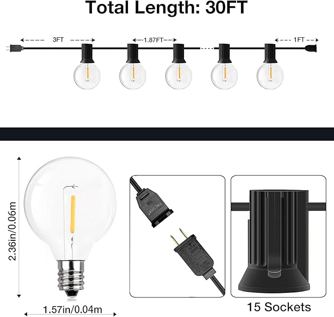 GPATIO Outdoor String Lights - 30FT Waterproof Patio Lights with 15+1 Dimmable Globe Bulbs 2700k Shatterproof for Backyard Gazebo Porch Garden