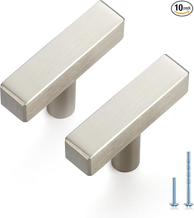 JOY DECOR 10 Pack Single Hole Brushed Nickel Square Cabinet Handles Stainless Steel Cabinet Hardware Pulls for Kitchen and Drawers with 2 Inch Overall Length