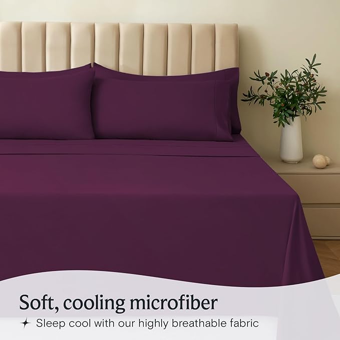 LuxClub 4 PC California King Sheet Set, Breathable Luxury Bed Sheets, Deep Pockets Wrinkle Free Cooling Sheets Machine Washable Hotel Bedding Silky Soft - Eggplant Cal King
