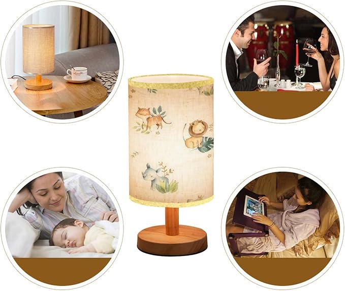 LOPYEIJFG Minimalist Bedside Table Lamp Safari Animals Watercolor Cute Baby Nursery Seamless Wood Nightstand Lamp Bedside Desk Lamp Wood Base Flaxen Fabric Shade for Bedroom Living Room, 5.5x11inch