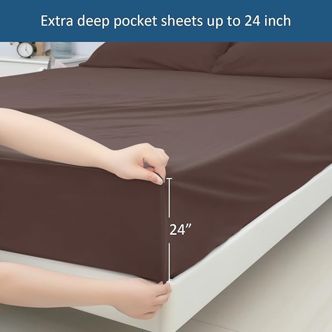 Deep Pocket Twin Sheets Set for Kids Air Mattress - Extra Deep Pocket Twin Sheet Sets - 3Pcs Side Storage Pocket Fitted Sheet & Pillowcases Easily Fits 16in to 24in Pillow Top Bed Mattress - Brown