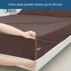 Deep Pocket Twin Sheets Set for Kids Air Mattress - Extra Deep Pocket Twin Sheet Sets - 3Pcs Side Storage Pocket Fitted Sheet & Pillowcases Easily Fits 16in to 24in Pillow Top Bed Mattress - Brown
