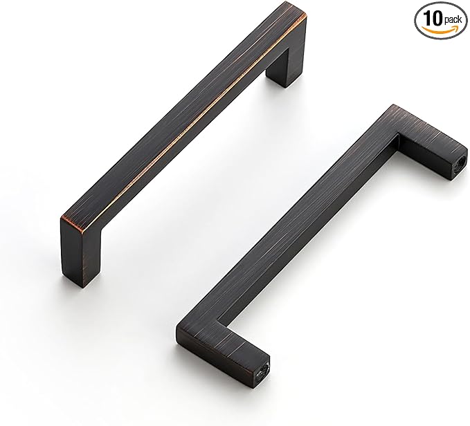 Ravinte 10 Pack Solid Kitchen Cabinet Handles Oil Rubbed Bronze Cabinet Pulls Slim Drawer Pulls with 3-1/2 Inch Hole Center Square Bar Kitchen Cabinet Hardware