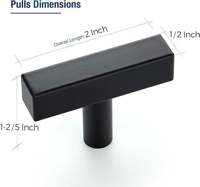 JOY DECOR 45 Pack Single Hole Matte Black Square Cabinet Handles Stainless Steel Cabinet Hardware Pulls for Kitchen and Drawers with 2 Inch Overall Length