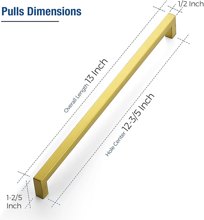 JOY DECOR 6 Pack Cabinet Handles, Gold Cabinet Pulls, 12-3/5 Inch Kitchen Closet Handles Square Drawer Pulls Stainless Steel Drawer Hardware, 320mm Hole Centers