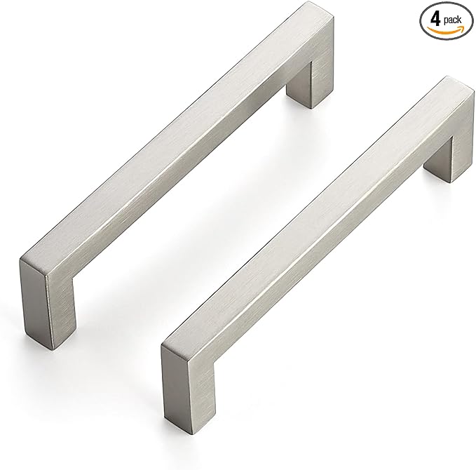 JOY DECOR 4 Pack Cabinet Handles, Brushed Nickel Cabinet Pulls, 5 Inch Kitchen Closet Handles Square Drawer Pulls Stainless Steel Drawer Hardware, 128mm Hole Centers