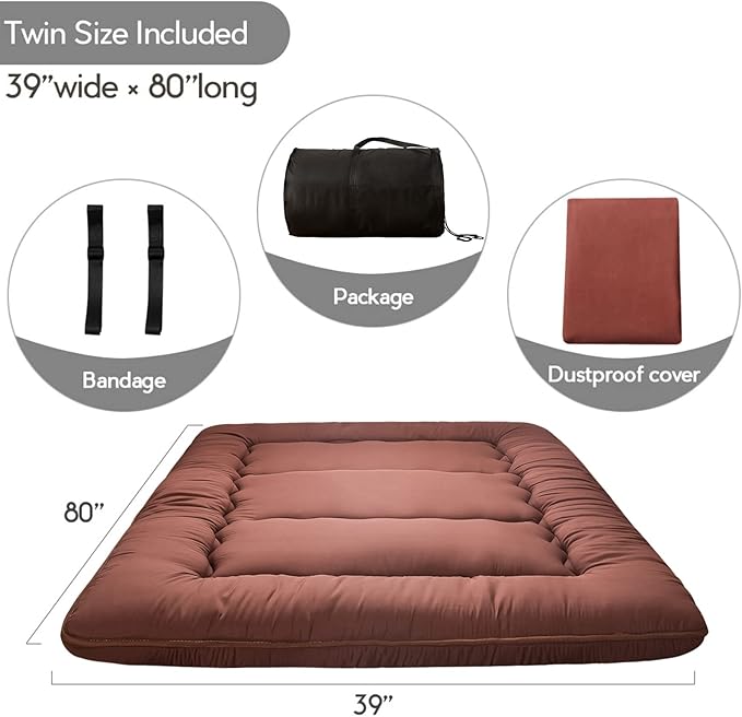 MAXYOYO Japanese Floor Mattress Futon Mattress, Thicken Tatami Mat Sleeping Pad Foldable Roll Up Mattress Boys Girls Dormitory Mattress Pad Kids Floor Lounger Bed Couches and Sofas, Coffee, Twin Size