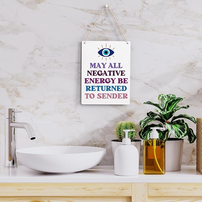 Evil Eye Decor Witchy Gifts for Witchcraft Lover, May All Negative Energy Be Returned to Sender Wall Hanging, Inspirational Wall Art for Home Office Decoration 8x10 Inches