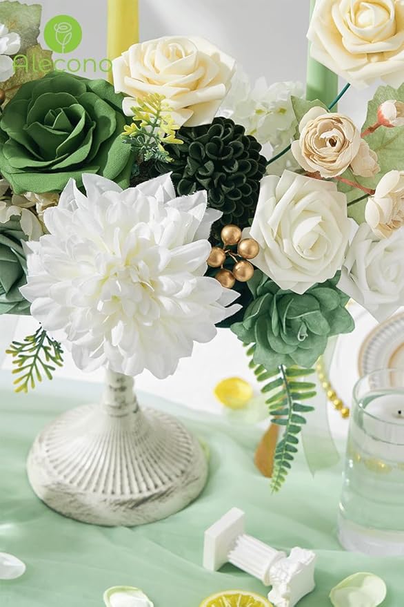 Alecono Artificial Flowers, Silk Fake Green Flowers Combo Box for DIY Cake Wedding Decorations, Faux Flowers for Table Centerpieces Baby Shower Party Home Decor