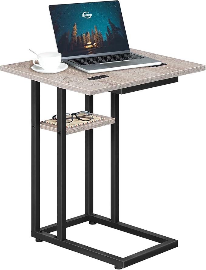 HOOBRO Foldable End Table, C Shaped Side Table with Storage Shelf, Small Snack Table Suitable for Living Room Bedroom Small Spaces, Easy Assembly, Greige and Black BG29SF01