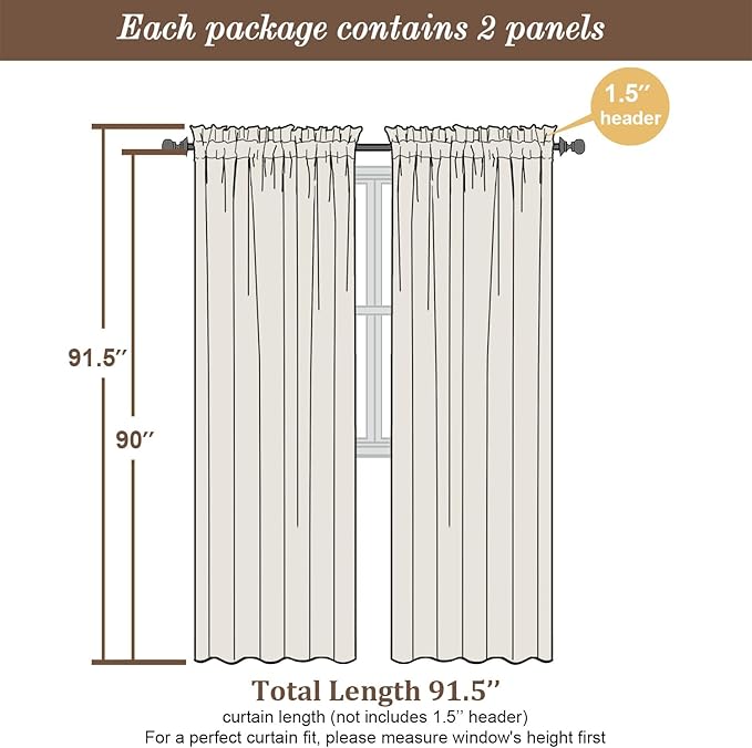 Chyhomenyc Ivory Sheer Curtains 90 Inches Long 2 Panels, Light Filtering Ivory Curtains for Living Room, Soft Gentle Voile Rod Pocket Bedroom Window Drapes, 59Wx90L Inch, 2PCS