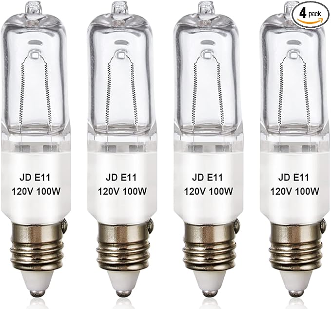 4 Pack JDE11 Bulb,120V 100W Halogen Candelabra Bulbs,T4 Mini Base JD E11 Bulb ,Dimmable 2700K Warm White（Replacement E11 LED bulb,for Chandeliers,Candelabra,Ceiling Fan, Table Lamps, Cabinet Lighting