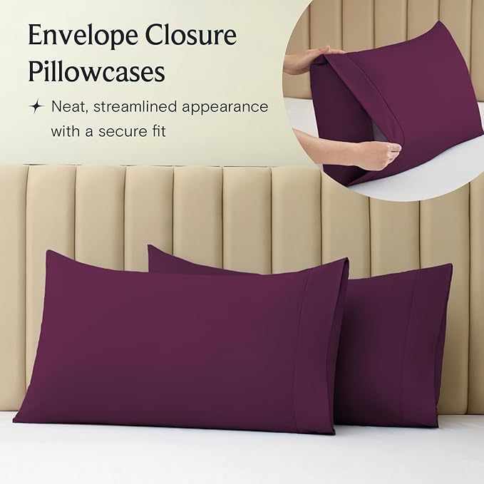 LuxClub 4 PC California King Sheet Set, Breathable Luxury Bed Sheets, Deep Pockets Wrinkle Free Cooling Sheets Machine Washable Hotel Bedding Silky Soft - Eggplant Cal King