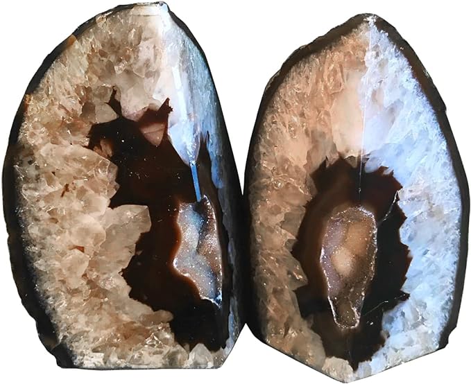 AMOYSTONE Black Geode Bookends Agate Decorative Book Ends for Shelves Heavy Duty Crystal Quartz Bookends with Rubber Bumpers(1 Pair, 3-4 LBS)